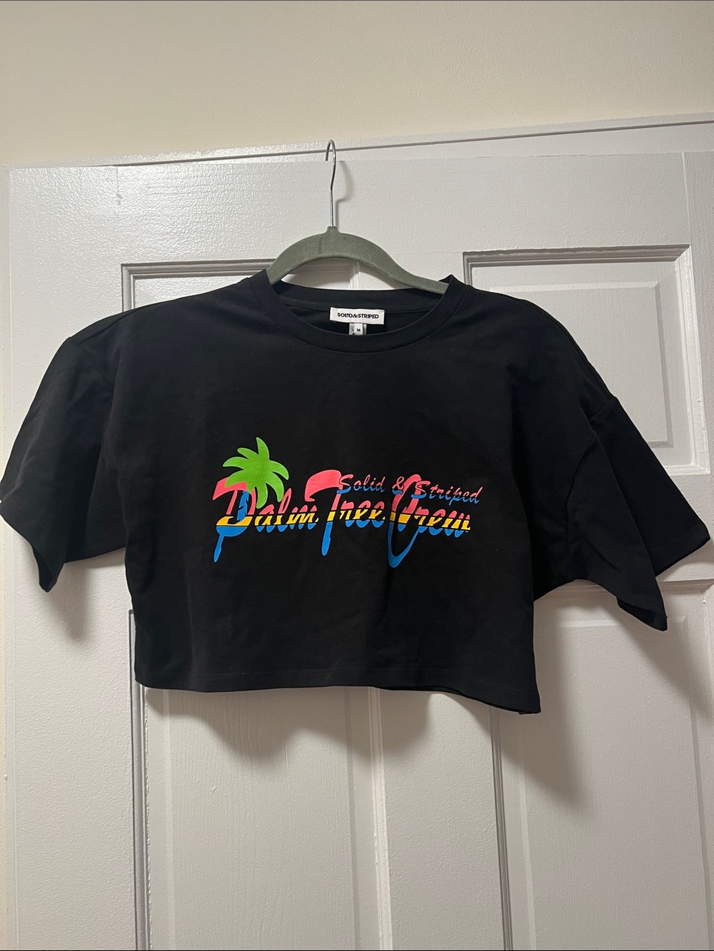 SOLID & STRIPED Black Crop Tee with Neon Palm Graphic - Size M - NWT
